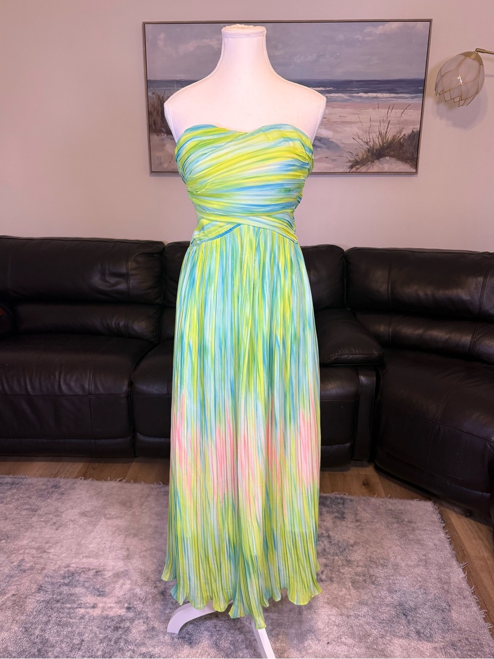 Fancy NWT XS Strapless Crinkle Pleated Ombré Maxi Dress Tropical Summer Mermaid